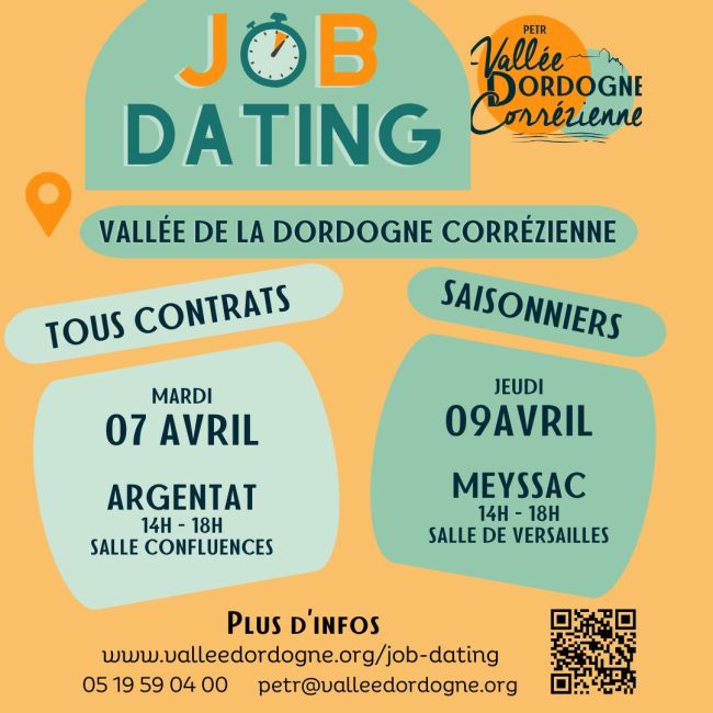 Job Dating à Argentat-sur-Dordogne le 07 avril 2026 et à Meyssac le 09 avril 2026