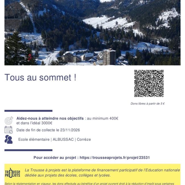 Classe de neige du 11 au 15 janvier 2027 – mise en place d’une plateforme de financement participatif