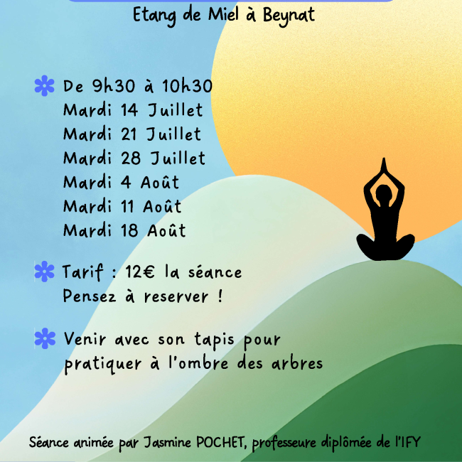 Juillet/Août 2026 – Yoga en plein air à Beynat (Etang de Miel) et Lagarde-Marc-la-Tour (Etang de Lagarde-Enval)