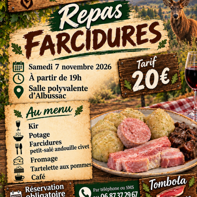 Samedi 07 novembre 2026 à partir de 19h – repas farcidures organisé par la société de chasse d’Albussac