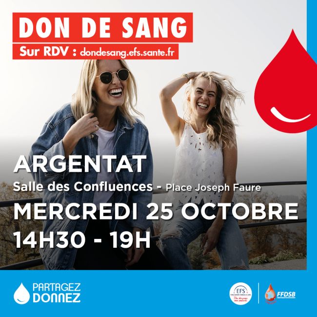 Collecte de sang à Argentat le mercredi 25 Octobre 2023