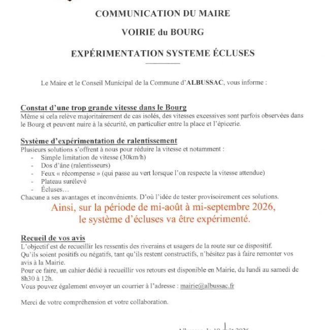 Installation d’un système d’écluses à titre expérimental dans le bourg de mi-août à mi-septembre 2026