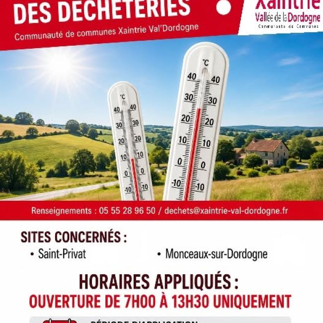 Changement d’horaires à la déchetterie de Monceaux-sur-Dordogne du 19 juin au 31 août 2026
