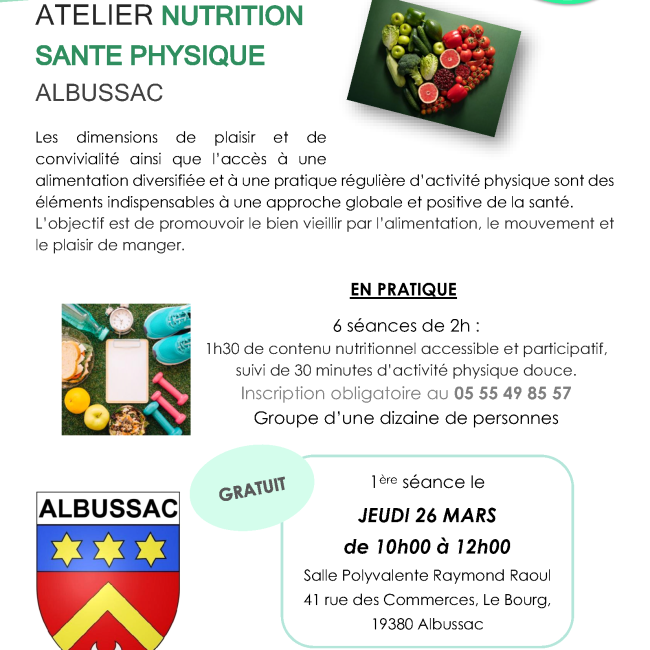 Du 26 mars au 30 avril 2026, 6 ateliers nutrition-santé physique à Abussac