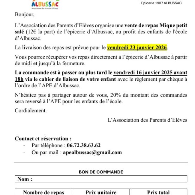 Vente de repas mique/petit salé (à emporter) au profit des enfants de l’école d’Albussac