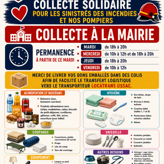 Collecte solidaire pour les sinistrés des incendies et nos pompiers