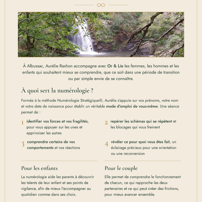 Nouvelle activité sur Albussac – Or&Lie, numérologie stratégique et énergétique